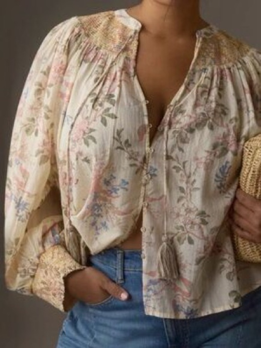 Anthropologie Cream Floral Smocked Yoke Blouse with Tassels